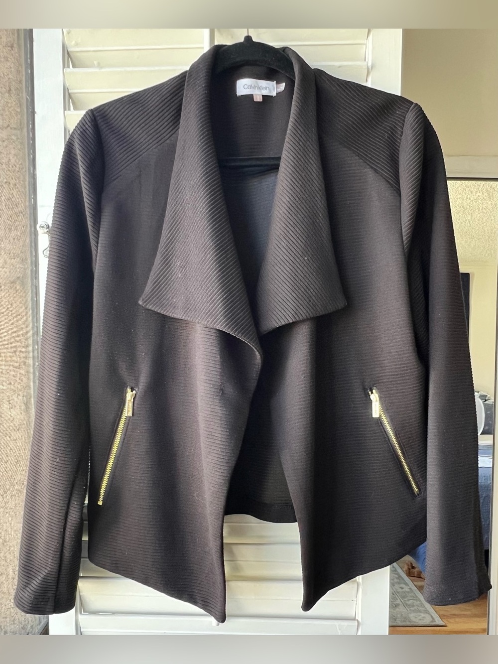 Calvin Klein Black Open-Front Draped Blazer with Gold Zipper pockets - Large